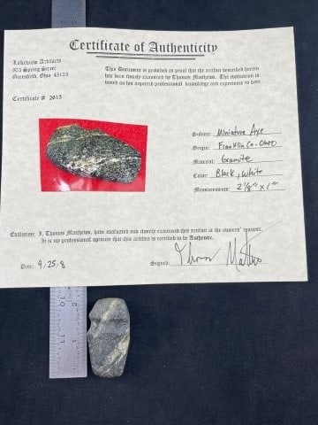Miniature Axe with Thomas Matthews COA from Franklin County, Ohio Indian Artifact Arrowhead (1 of 7)