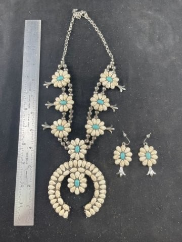 Sqaush Blossom Necklace with Earrings: KEY WORDS: INDIAN ARTIFACT ARTIFACTS ARROWHEAD ARROWHEADS NATIVE AMERICAN MISSISSIPPIAN QUAPAW CADDO POTTERY COINS MORGAN DOLLAR PEACE DOLLAR SILVER COINS Arkansas. Now taking in consignments for pre-