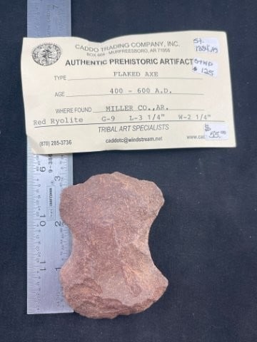 Flaked Axe with Paperwork Indian Artifact Arrowhead: KEY WORDS: INDIAN ARTIFACT ARTIFACTS ARROWHEAD ARROWHEADS NATIVE AMERICAN MISSISSIPPIAN QUAPAW CADDO POTTERY COINS MORGAN DOLLAR PEACE DOLLAR SILVER COINS Arkansas. Now taking in consignments for pre-