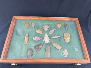 Group of Arkansas Arrowheads with some nice Novaculite nice wooden frame is included Indian Artifact