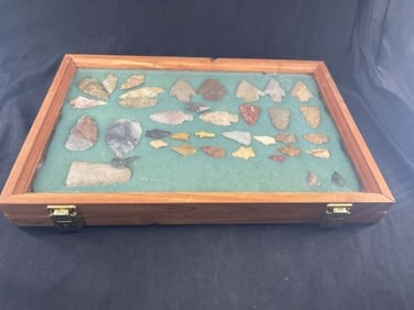 Group of Arkansas Arrowheads with some nice Novaculite nice wooden frame is included Indian Artifact