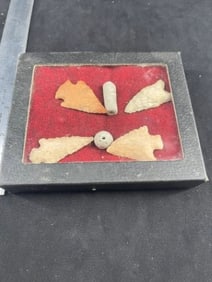 4 Arrowheads & 2 Beads in Riker Frame