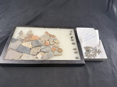Riker Frame with Pottery Shards, etc & 29 Addison Micro Drills Indian Artifact Arrowhead
