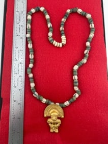 Trade Bead necklace with Tumbaga Tairona Gold Figurine Riker frame included UNKNOWN MATERIAL