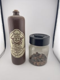 Crock with Money Jar & Pennies