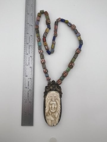 Bone Craving with Chevron Bead Necklace: KEY WORDS: INDIAN ARTIFACT ARTIFACTS ARROWHEAD ARROWHEADS NATIVE AMERICAN MISSISSIPPIAN QUAPAW CADDO POTTERY COINS MORGAN DOLLAR PEACE DOLLAR SILVER COINS Arkansas. Now taking in consignments for pre-