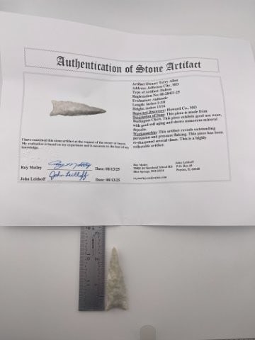Dalton with Roy Motley COA from Howard County, Missouri Indian Artifact Arrowhead: KEY WORDS: INDIAN ARTIFACT ARTIFACTS ARROWHEAD ARROWHEADS NATIVE AMERICAN MISSISSIPPIAN QUAPAW CADDO POTTERY COINS MORGAN DOLLAR PEACE DOLLAR SILVER COINS Arkansas. Now taking in consignments for pre-