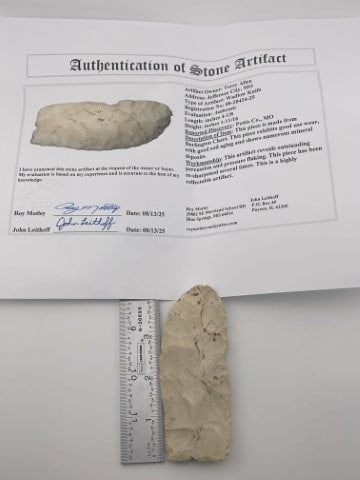 Wadlow Knife with Roy Motley COA from Pettis County, Missouri Indian Artifact Arrowhead: KEY WORDS: INDIAN ARTIFACT ARTIFACTS ARROWHEAD ARROWHEADS NATIVE AMERICAN MISSISSIPPIAN QUAPAW CADDO POTTERY COINS MORGAN DOLLAR PEACE DOLLAR SILVER COINS Arkansas. Now taking in consignments for pre-