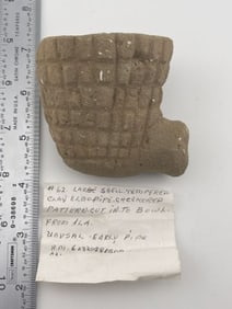 Large Shell Tempered Clay Elbow Pipe Checkered Pattern cut into Bowl from Alaska Unusual Early Pipe