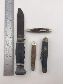 3 Pocket Knives & Bowie Knife Indian Artifact Arrowhead