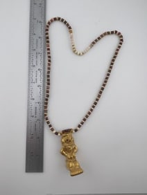 Trade Bead necklace with Tumbaga Tairona Gold Figurine Riker frame included UNKNOWN MATERIAL