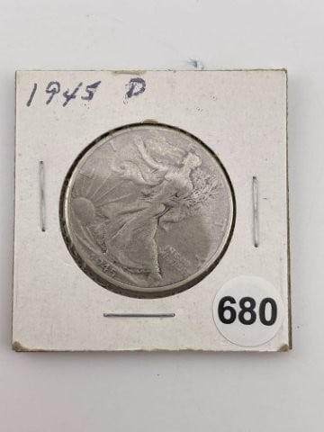 1945 D Walking Liberty Half Dollar Coin: KEY WORDS: INDIAN ARTIFACT ARTIFACTS ARROWHEAD ARROWHEADS NATIVE AMERICAN MISSISSIPPIAN QUAPAW CADDO POTTERY COINS MORGAN DOLLAR PEACE DOLLAR SILVER COINS Arkansas. Now taking in consignments for pre-