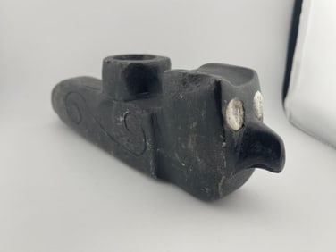 Owl Effigy Stone Pipe with Inlayed Eyes Indian Artifact Arrowhead