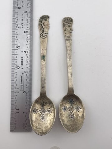 Pair of Sterling Spoons: KEY WORDS: INDIAN ARTIFACT ARTIFACTS ARROWHEAD ARROWHEADS NATIVE AMERICAN MISSISSIPPIAN QUAPAW CADDO POTTERY COINS MORGAN DOLLAR PEACE DOLLAR SILVER COINS Arkansas. Now taking in consignments for pre-