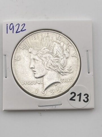 1922 Peace Silver Dollar Coin: KEY WORDS: INDIAN ARTIFACT ARTIFACTS ARROWHEAD ARROWHEADS NATIVE AMERICAN MISSISSIPPIAN QUAPAW CADDO POTTERY COINS MORGAN DOLLAR PEACE DOLLAR SILVER COINS Arkansas. Now taking in consignments for pre-