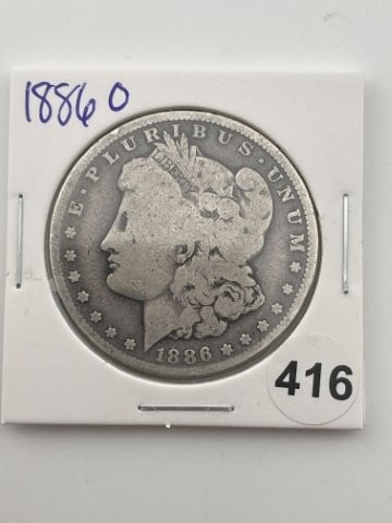 1886 O Morgan Silver Dollar Coin: KEY WORDS: INDIAN ARTIFACT ARTIFACTS ARROWHEAD ARROWHEADS NATIVE AMERICAN MISSISSIPPIAN QUAPAW CADDO POTTERY COINS MORGAN DOLLAR PEACE DOLLAR SILVER COINS Arkansas. Now taking in consignments for pre-