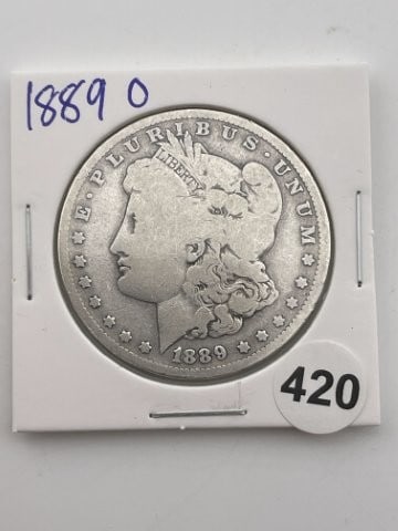 1889 O Morgan Silver Dollar Coin: KEY WORDS: INDIAN ARTIFACT ARTIFACTS ARROWHEAD ARROWHEADS NATIVE AMERICAN MISSISSIPPIAN QUAPAW CADDO POTTERY COINS MORGAN DOLLAR PEACE DOLLAR SILVER COINS Arkansas. Now taking in consignments for pre-