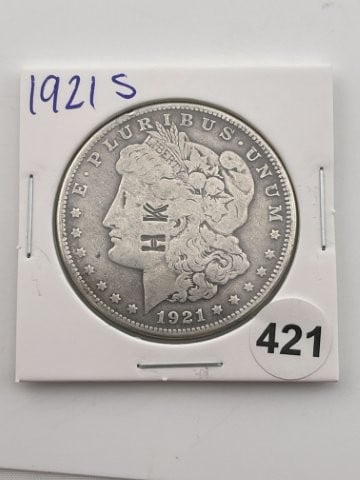 1921 S Morgan Silver Dollar Coin: KEY WORDS: INDIAN ARTIFACT ARTIFACTS ARROWHEAD ARROWHEADS NATIVE AMERICAN MISSISSIPPIAN QUAPAW CADDO POTTERY COINS MORGAN DOLLAR PEACE DOLLAR SILVER COINS Arkansas. Now taking in consignments for pre-