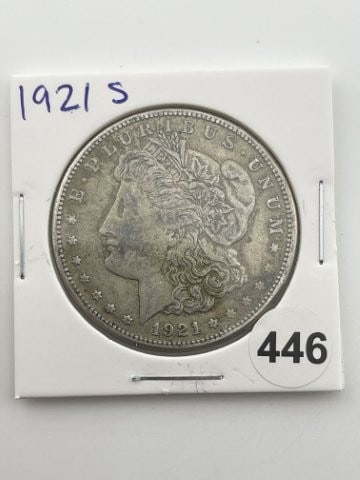 1921 S Morgan Silver Dollar Coin: KEY WORDS: INDIAN ARTIFACT ARTIFACTS ARROWHEAD ARROWHEADS NATIVE AMERICAN MISSISSIPPIAN QUAPAW CADDO POTTERY COINS MORGAN DOLLAR PEACE DOLLAR SILVER COINS Arkansas. Now taking in consignments for pre-