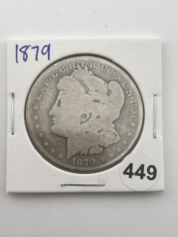 1879 Morgan Silver Dollar Coin: KEY WORDS: INDIAN ARTIFACT ARTIFACTS ARROWHEAD ARROWHEADS NATIVE AMERICAN MISSISSIPPIAN QUAPAW CADDO POTTERY COINS MORGAN DOLLAR PEACE DOLLAR SILVER COINS Arkansas. Now taking in consignments for pre-