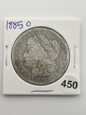 1885 O Morgan Silver Dollar Coin: KEY WORDS: INDIAN ARTIFACT ARTIFACTS ARROWHEAD ARROWHEADS NATIVE AMERICAN MISSISSIPPIAN QUAPAW CADDO POTTERY COINS MORGAN DOLLAR PEACE DOLLAR SILVER COINS Arkansas. Now taking in consignments for pre-