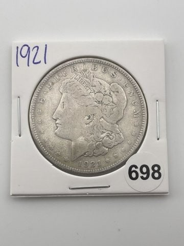 1921 Morgan Silver Dollar Coin: KEY WORDS: INDIAN ARTIFACT ARTIFACTS ARROWHEAD ARROWHEADS NATIVE AMERICAN MISSISSIPPIAN QUAPAW CADDO POTTERY COINS MORGAN DOLLAR PEACE DOLLAR SILVER COINS Arkansas. Now taking in consignments for pre-