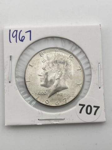 1967 Kennedy Half Dollar Silver Coin: KEY WORDS: INDIAN ARTIFACT ARTIFACTS ARROWHEAD ARROWHEADS NATIVE AMERICAN MISSISSIPPIAN QUAPAW CADDO POTTERY COINS MORGAN DOLLAR PEACE DOLLAR SILVER COINS Arkansas. Now taking in consignments for pre-