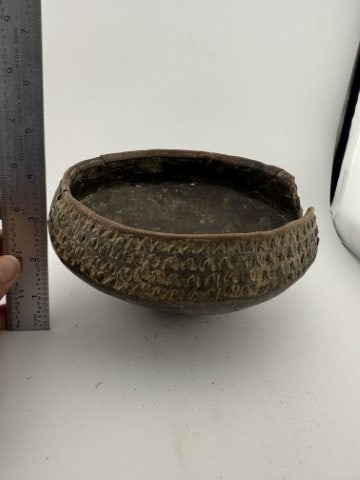 Caddo Engraved Bowl broken & glued: KEY WORDS: INDIAN ARTIFACT ARTIFACTS ARROWHEAD ARROWHEADS NATIVE AMERICAN MISSISSIPPIAN QUAPAW CADDO POTTERY COINS MORGAN DOLLAR PEACE DOLLAR SILVER COINS Arkansas. Now taking in consignments for pre-