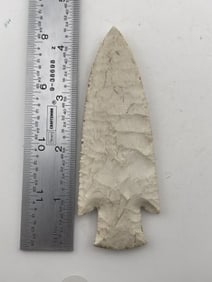 4 & 3/8" Finely Serated Hardin with beautiful bevling Indian Artifact Arrowhead