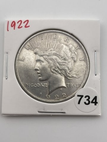 1922 Peace Silver Dollar Coin: All coins have been Sigma tested for authenticity. Please bid with confidence. KEY WORDS: INDIAN ARTIFACT ARTIFACTS ARROWHEAD ARROWHEADS NATIVE AMERICAN MISSISSIPPIAN QUAPAW CADDO POTTERY COINS MORGAN