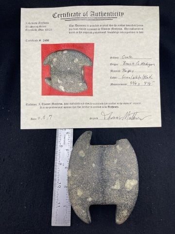 Ovate Bannerstone with Thomas Matthews COA from Branch County, Michigan Indian Artifact Arrowhead (1 of 7)