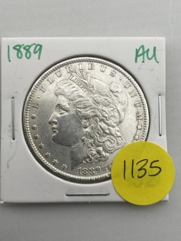 1889 AU Morgan Silver Dollar Coin: All coins have been Sigma tested for authenticity so please bid with confidence. KEY WORDS: INDIAN ARTIFACT ARTIFACTS ARROWHEAD ARROWHEADS NATIVE AMERICAN MISSISSIPPIAN QUAPAW CADDO POTTERY COINS MORG
