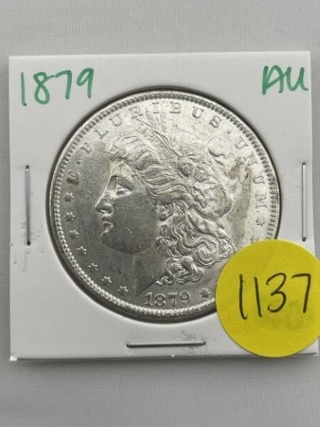 1879 AU Morgan Silver Dollar Coin: All coins have been Sigma tested for authenticity so please bid with confidence. KEY WORDS: INDIAN ARTIFACT ARTIFACTS ARROWHEAD ARROWHEADS NATIVE AMERICAN MISSISSIPPIAN QUAPAW CADDO POTTERY COINS MORG