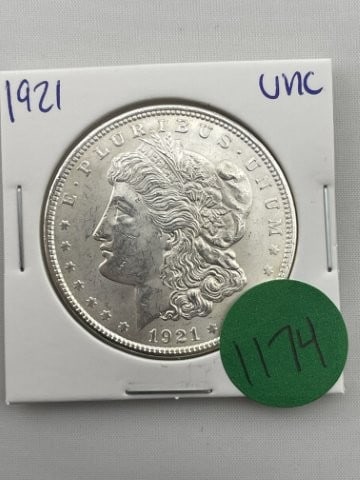 1921 UNC Morgan Silver Dollar Coin: All coins have been Sigma tested for authenticity so please bid with confidence. KEY WORDS: INDIAN ARTIFACT ARTIFACTS ARROWHEAD ARROWHEADS NATIVE AMERICAN MISSISSIPPIAN QUAPAW CADDO POTTERY COINS MORG