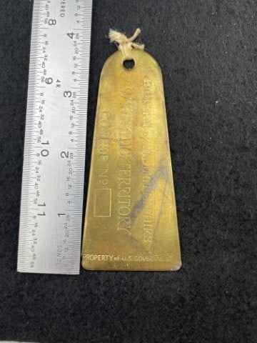 Wyoming Territory Corpse Tag: KEY WORDS: INDIAN ARTIFACT ARTIFACTS ARROWHEAD ARROWHEADS NATIVE AMERICAN MISSISSIPPIAN QUAPAW CADDO POTTERY COINS MORGAN DOLLAR PEACE DOLLAR SILVER COINS. All coins have been Sigma tested for authent
