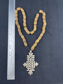 Trade Bead Necklace with Medal Pendant Indian Artifact Arrowhead