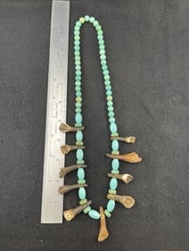Trade Bead Necklace with Buffalo Teeth Indian Artifact Arrowhead