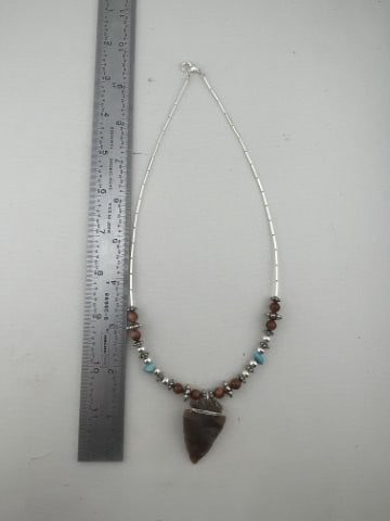 Arrow Necklace: KEY WORDS: INDIAN ARTIFACT ARTIFACTS ARROWHEAD ARROWHEADS NATIVE AMERICAN MISSISSIPPIAN QUAPAW CADDO POTTERY COINS MORGAN DOLLAR PEACE DOLLAR SILVER COINS. All coins have been Sigma tested for authent