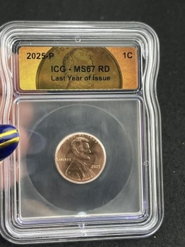 2025-P ICG - MS67 RD Last Year of Issue Penny: KEY WORDS: INDIAN ARTIFACT ARTIFACTS ARROWHEAD ARROWHEADS NATIVE AMERICAN MISSISSIPPIAN QUAPAW CADDO POTTERY COINS MORGAN DOLLAR PEACE DOLLAR SILVER COINS. All coins have been Sigma tested for authent