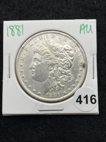 1881 AU Morgan Silver Dollar Coin: KEY WORDS: INDIAN ARTIFACT ARTIFACTS ARROWHEAD ARROWHEADS NATIVE AMERICAN MISSISSIPPIAN QUAPAW CADDO POTTERY COINS MORGAN DOLLAR PEACE DOLLAR SILVER COINS. All coins have been Sigma tested for authent