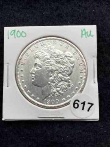 1900 AU Morgan Silver Dollar Coin: KEY WORDS: INDIAN ARTIFACT ARTIFACTS ARROWHEAD ARROWHEADS NATIVE AMERICAN MISSISSIPPIAN QUAPAW CADDO POTTERY COINS MORGAN DOLLAR PEACE DOLLAR SILVER COINS. All coins have been Sigma tested for authent