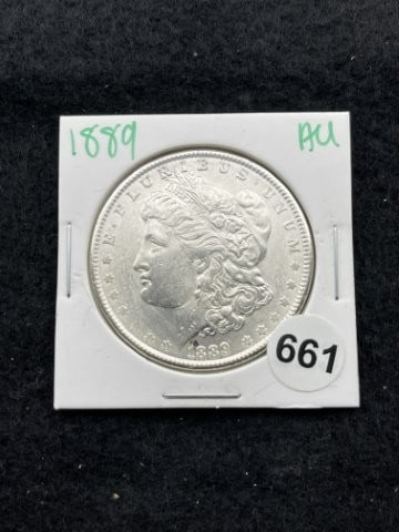 1889 AU Morgan Silver Dollar Coin: KEY WORDS: INDIAN ARTIFACT ARTIFACTS ARROWHEAD ARROWHEADS NATIVE AMERICAN MISSISSIPPIAN QUAPAW CADDO POTTERY COINS MORGAN DOLLAR PEACE DOLLAR SILVER COINS. All coins have been Sigma tested for authent