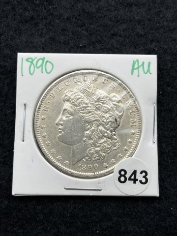 1890 AU Morgan Silver Dollar Coin: KEY WORDS: INDIAN ARTIFACT ARTIFACTS ARROWHEAD ARROWHEADS NATIVE AMERICAN MISSISSIPPIAN QUAPAW CADDO POTTERY COINS MORGAN DOLLAR PEACE DOLLAR SILVER COINS. All coins have been Sigma tested for authent