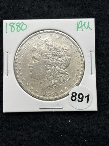 1880 AU Morgan Silver Dollar Coin: KEY WORDS: INDIAN ARTIFACT ARTIFACTS ARROWHEAD ARROWHEADS NATIVE AMERICAN MISSISSIPPIAN QUAPAW CADDO POTTERY COINS MORGAN DOLLAR PEACE DOLLAR SILVER COINS. All coins have been Sigma tested for authent