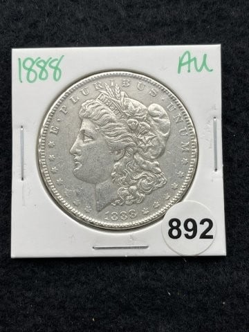 1888 AU Morgan Silver Dollar Coin: KEY WORDS: INDIAN ARTIFACT ARTIFACTS ARROWHEAD ARROWHEADS NATIVE AMERICAN MISSISSIPPIAN QUAPAW CADDO POTTERY COINS MORGAN DOLLAR PEACE DOLLAR SILVER COINS. All coins have been Sigma tested for authent