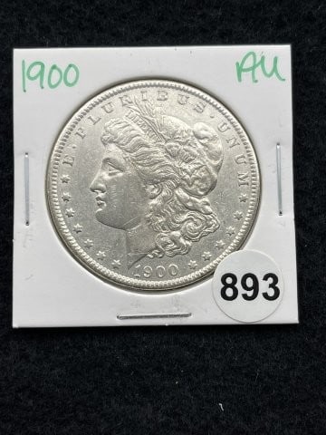 1900 AU Morgan Silver Dollar Coin: KEY WORDS: INDIAN ARTIFACT ARTIFACTS ARROWHEAD ARROWHEADS NATIVE AMERICAN MISSISSIPPIAN QUAPAW CADDO POTTERY COINS MORGAN DOLLAR PEACE DOLLAR SILVER COINS. All coins have been Sigma tested for authent