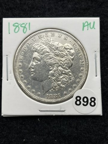 1881 AU Morgan Silver Dollar Coin: KEY WORDS: INDIAN ARTIFACT ARTIFACTS ARROWHEAD ARROWHEADS NATIVE AMERICAN MISSISSIPPIAN QUAPAW CADDO POTTERY COINS MORGAN DOLLAR PEACE DOLLAR SILVER COINS. All coins have been Sigma tested for authent