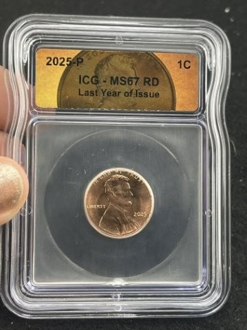 2025-P ICG - MS67 RD Last Year of Issue Penny: KEY WORDS: INDIAN ARTIFACT ARTIFACTS ARROWHEAD ARROWHEADS NATIVE AMERICAN MISSISSIPPIAN QUAPAW CADDO POTTERY COINS MORGAN DOLLAR PEACE DOLLAR SILVER COINS. All coins have been Sigma tested for authent