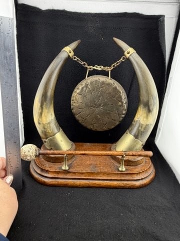 Gong with Horns & Brass: KEY WORDS: INDIAN ARTIFACT ARTIFACTS ARROWHEAD ARROWHEADS NATIVE AMERICAN MISSISSIPPIAN QUAPAW CADDO POTTERY COINS MORGAN DOLLAR PEACE DOLLAR SILVER COINS. All coins have been Sigma tested for authent