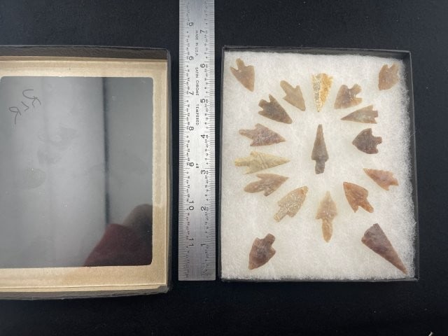 Group of Bird Points frame IS included: KEY WORDS: INDIAN ARTIFACT ARTIFACTS ARROWHEAD ARROWHEADS NATIVE AMERICAN MISSISSIPPIAN QUAPAW CADDO POTTERY COINS MORGAN DOLLAR PEACE DOLLAR SILVER COINS. All coins have been Sigma tested for authent